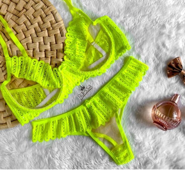 Conjunto Lingerie sem Bojo com Aro com Tule Invisível Calcinha Sensual - AMARELO NEON - Image 3